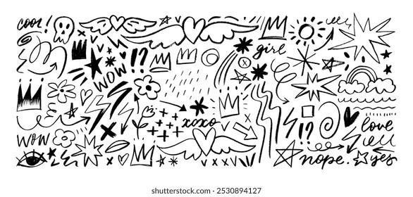 Crayon drawn doodle shapes and figures for notes and design. Hand drawn scribbles, scrawls, stars, crown, curly lines in punk girly style. Childish doodles and creative various shapes, lettering.