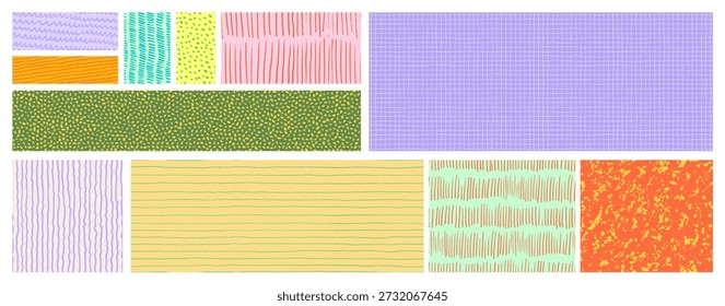 Crayon dibujado doodle simple patrón sin fisuras colección. Fondo de textura de dibujo de garabato infantil colorido. Trazos aleatorios dibujados a mano, líneas Horizontales y patrón a cuadros. El Fondo de pantalla del niño.