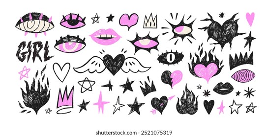 Crayon drawn eyes and hearts in punk girly style. Hand drawn doodle shapes and girl's stickers. Marker scribble stars, flames and hearts for collages. Creative various doodle vector figures.