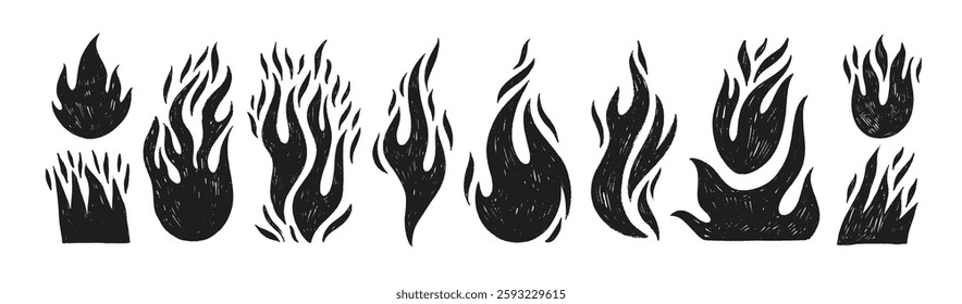 Crayon drawn fire flames icons collection. Hand drawn doodle flames stickers. Punk or rock style crayon drawn shapes. Burning vector symbols. Graffiti doodle vector figures, tattoo stickers.