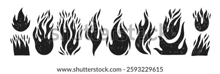 Crayon drawn fire flames icons collection. Hand drawn doodle flames stickers. Punk or rock style crayon drawn shapes. Burning vector symbols. Graffiti doodle vector figures, tattoo stickers.