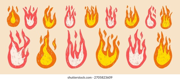 Crayón dibujado fuego con textura grunge. Iconos de llama del cepillo del garabato de los niños en colores vibrantes. Pegatinas Bonfire para proyectos de collage. Vector naive lápiz punk elemento de roca aislado sobre fondo beige.