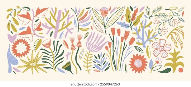 Crayon drawn folk plants and flowers collection. Botanical cute elements. Linocut folk organic minimalist meadow plants. Vector graphic collection of branches, petals and flowers with pencil texture.