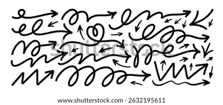 Crayon drawn funky arrows, whimsical bold doodle lines. Black squiggle thick linear arrows. Hand drawn freehand different curved lines, swirls, heart and zigzags. Cute girly direction pointers.