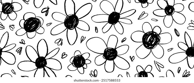 Crayón dibujado funky daisy sin patrón. Garabatos botánicos de carbón y lápiz. Adorno de flores de manzanilla dibujado a mano. Vector botánico línea áspera diseño de Anuncio sin costuras. Doodle flores.