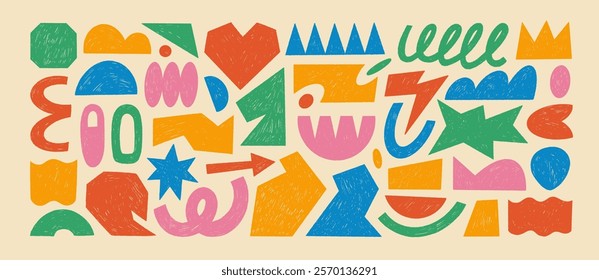 Crayon drawn geometric shapes and figures collection. Hand drawn vector naive forms, primitive and basic shapes with pencil texture. Funky trendy retro forms, cartoon kid stickers, doodle elements.