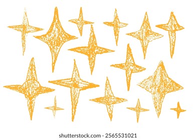 Crayon drawn golden sparkle stars set. Space shine shapes and blings doodle pack. Blinking on night sky. Vector handdrawn by pencil or pastel illustration isolated on white background.