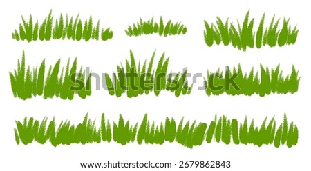 Crayon drawn grass set. Childish chalk scribble of green lawn meadow with pastel doodle textures, playful children drawing vector illustration