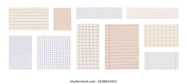 Crayon drawn grid and lines notebook papers and colored notes. Hand drawn funky stickers with various simple textures. Grid, line and dot patterns. Design of square graph paper, school math sheet.