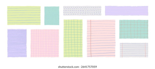 Crayon drawn grid and lines notebook papers and colorful notes. Hand drawn funky stickers with various simple textures. Grid, line and dot patterns. Design of square graph paper, school math sheet.