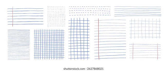 Crayon drawn grids and lines for notes. Bullet journal pages, hand drawn simple polka dot background, checkered texture. Vector notebook notes. Geometric doodle plaid patterns, thin blue lines.