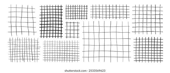 Crayon drawn grids for notes. Square grid and striped patten for hand drawn notepads. Checked wallpaper print for collages. Geometric plaid pattern with pencil lines and strokes. Striped paper.