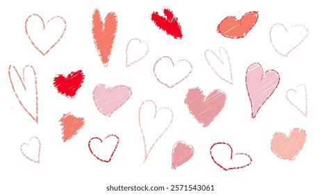 Crayon drawn heart. Chalk brush love vector icon. Grunge sketch valentine day element set. Wedding scrawl with pastel  paintbrush. Cute simple outline lipstick texture design. Hand draw pen contour.