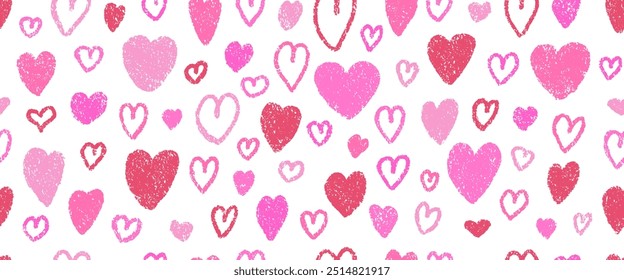 Crayon drawn hearts seamless pattern, chalk drawn sketches in red and pink colored. Scribble doodle background, wallpaper