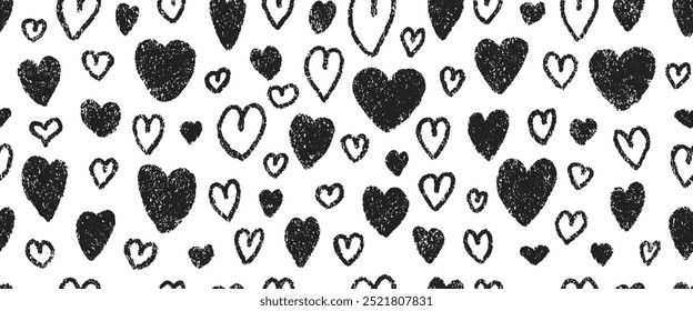 Crayon drawn hearts seamless pattern, chalk drawn sketches in black colored. Scribble doodle background, wallpaper