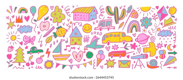 Crayon drawn kid cute doodle set. Colorful funky doodle shapes, cars, bird, clouds, houses. Squiggles in childish girly style. Vector childish illustrations. Hand drawn kid's icons.