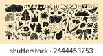 Crayon drawn kid doodle collection. Black graphic childish elements like clouds, flowers, bows, rainbows and sun. Vector graphic doodle collection. Naive vector illustration. Crayon drawn kid drawings