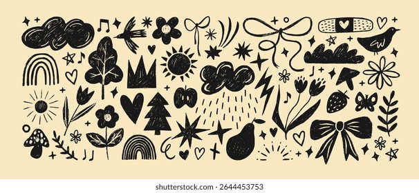 Crayon drawn kid doodle collection. Black graphic childish elements like clouds, flowers, bows, rainbows and sun. Vector graphic doodle collection. Naive vector illustration. Crayon drawn kid drawings