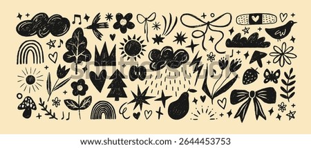 Crayon drawn kid doodle collection. Black graphic childish elements like clouds, flowers, bows, rainbows and sun. Vector graphic doodle collection. Naive vector illustration. Crayon drawn kid drawings