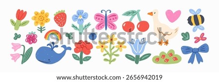 Crayon drawn kid doodle set. Adorable childish drawings colorful elements. Cute goose, whale, funny flowers, butterfly, cherry, heart, strawberry, bee. Naive girly vector illustration.