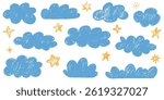 Crayon drawn kids clouds and cute stars set. Hand drawn various cloud shapes. Childish doodle naive icons pastel texture. Naive style childish vector elements isolated on white background