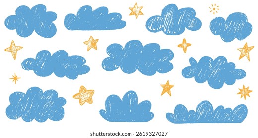 Crayon desenhado crianças nuvens e estrelas bonitas definir. A mão desenhou várias formas de nuvens. Childish doodle ingênuo ícones textura pastel. Elementos vetoriais infantis de estilo ingênuo isolados no plano de fundo branco