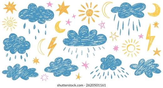 Crayon desenhado crianças nuvens estrelas e bonito conjunto de lua. A mão desenhou várias formas de nuvens. Childish doodle ingênuo ícones textura pastel. Elementos vetoriais infantis de estilo ingênuo isolados no plano de fundo branco