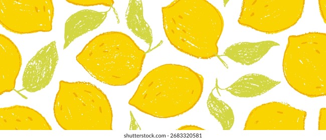 Crayon drawn lemons with leaves banner background. Citrus seamless pattern. Abstract tropical summer wallpaper. Bright yellow lemons background with pencil or chalk texture. Packaging design.