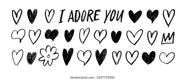 Crayon drawn linear and silhouette hearts collection. Romantic phrase I adore you. Modern pencil calligraphy and cute childish hearts. Vector design elements for cards, notes and collages.