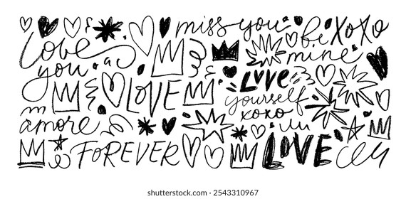 Crayon drawn love phrases, hearts shapes, stars and crowns. Hand drawn kids drawing. Romantic motif vector elements. Funky squiggles, crayon doodle shapes, vector ink illustrations. Romantic lettering