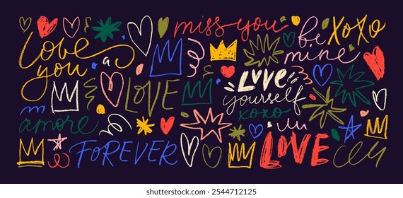 Crayon drawn love phrases, hearts shapes, stars and crowns. Hand drawn colorful kids drawing. Romantic vector elements. Funky squiggles, crayon doodle shapes, ink illustrations. Romantic lettering