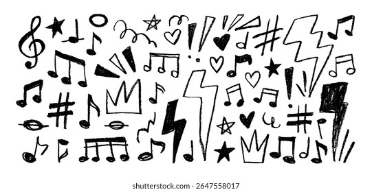 Crayon drawn music notes, punk lightnings, hearts and stars. Hand drawn graffiti shapes and funky cute doodles. Vector pencil drawings. Doodle musical elements. Various notes with chalk texture.