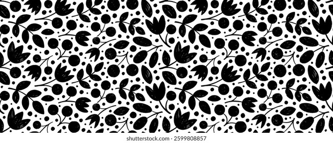 Crayon drawn naive flowers, branches with leaves and berries seamless pattern. Hand drawn decorative botanical motif. Abstract flower sketch, naive tribal art. Ethnic organic seamless pattern.