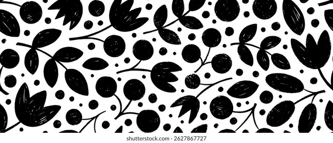 Crayon drawn naive flowers, branches with leaves and berries seamless pattern. Hand drawn decorative botanical motif. Abstract flower sketch, naive tribal art. Ethnic organic seamless pattern.