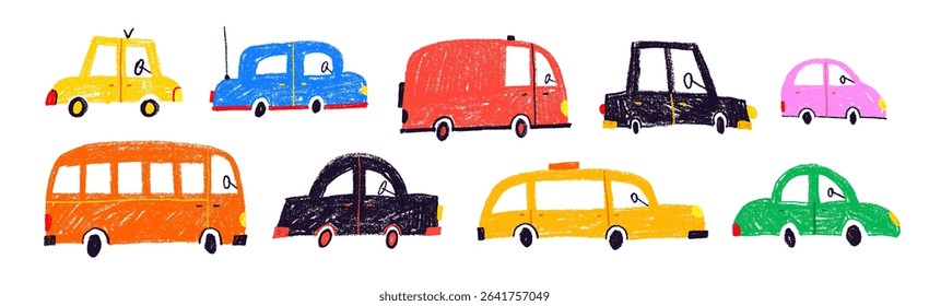 Crayon drawn naive funky kid cars collection. Sketch colorful childish pencil drawn elements. Cute childish cars. Vector kid cute doodle set. Collection of crayon cartoon transports.