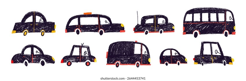 Crayon drawn naive funky kid cars collection. Graphic sketch childish pencil drawn elements. Vector black ink illustration. Cute childish cars. Vector kid cute doodle set. Crayon cartoon transports.
