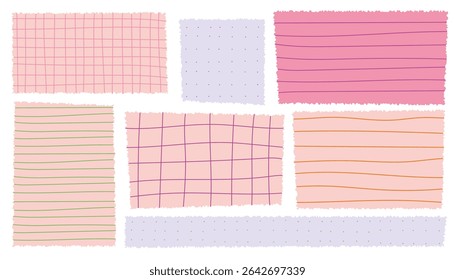 Crayon drawn notebook paper set with grid, lines, dots. Hand drawn colorful notes and funky stickers. Textured square paper for school, math, planner, or bullet journal design.