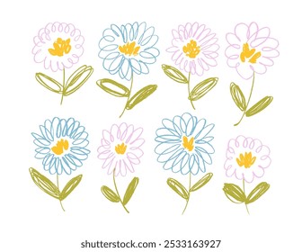 Crayon drawn pastel colored collection of chamomile flowers. Naive daisies, asters, and chrysanthemums. Outline pencil botanical drawings. Hand drawn vector illustrations with cute kid scribbles.