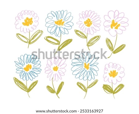 Crayon drawn pastel colored collection of chamomile flowers. Naive daisies, asters, and chrysanthemums. Outline pencil botanical drawings. Hand drawn vector illustrations with cute kid scribbles.