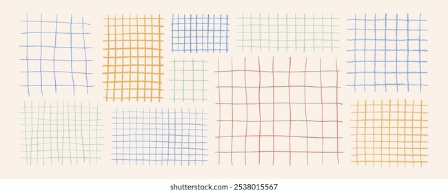 Crayon drawn pastel colored grids for notes. Square grid and striped patten for hand drawn notepads. Checked kid's wallpaper print for collages. Geometric plaid pattern with pencil lines and strokes.