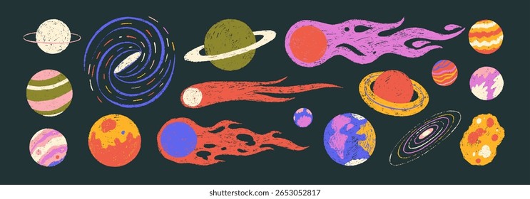 Crayon drawn planets and comets collection. Colorful childish funky galaxy icons with pencil texture. Solar system planets. Doodle outer space cosmic icons set. Astronomy kid's illustration.