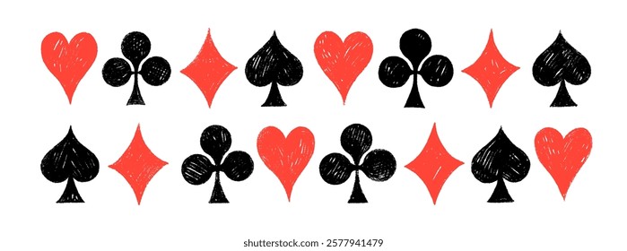 Crayon drawn poker card suits: hearts, clubs, spades and diamonds. Hand drawn vector card suite elements isolated on white background. Red and black playing symbols. Pencil or chalk doodle drawing.