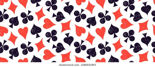 Crayon drawn poker card suits seamless banner design. Seamless pattern with red and black hearts, clubs, spades and diamonds. Vector poker style wallpaper. Funky casino symbols vector illustration.