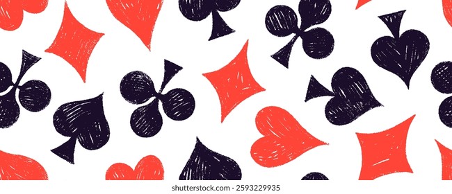 Crayon drawn poker card suits seamless banner design. Seamless pattern with red and black hearts, clubs, spades and diamonds. Vector poker style wallpaper. Funky casino symbols vector illustration.