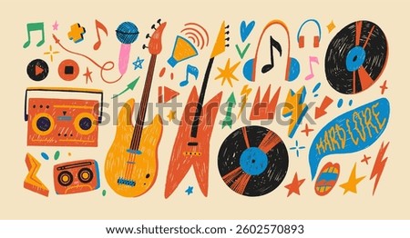 Crayon drawn punk retro music elements. Guitar, cassette, vinyl, music tape recorder and other doodle shapes. Hand drawn graphic vector scribbled rock and roll stickers. Vector y2k retro illustration.