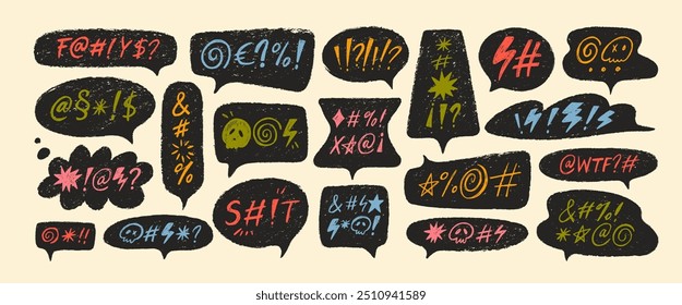 Crayon drawn punk style speech bubbles with abstract swear words. Chalk pencil speech bubbles doodle set. Comic talk balloon in sketch style. Curse, rude, swear word for angry, negative expression.