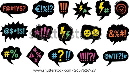 Crayon drawn punk style speech bubbles with abstract swear words.