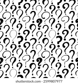 Crayon drawn question marks seamless pattern. Vector doodle typography symbols seamless banner design. Black graphic question marks with pencil or chalk texture. Vector ink wallpaper.