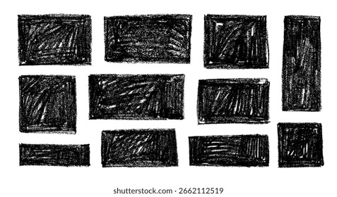 Crayón dibujado rectángulo y Formas cuadradas colección. Vector Formas geométricas de burbujas de discurso con bordes ásperos. Rectángulos de texto con textura de lápiz, carbón o tiza. Cajas de chat.