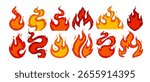 Crayon drawn red fire flames collection. Naive grange punk elements with pencil texture. Hand drawn doodle vector illustration. Graffiti stickers or tattoo. Punk retro sticker collection for collage.